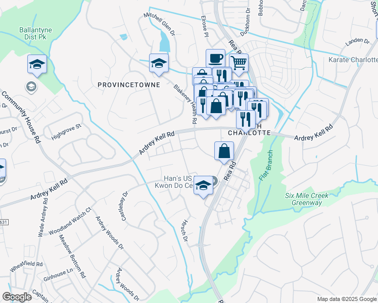 map of restaurants, bars, coffee shops, grocery stores, and more near 9048 Mcalwaine Preserve Avenue in Charlotte