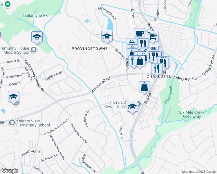 map of restaurants, bars, coffee shops, grocery stores, and more near 9907 Fallon Trace Avenue in Charlotte