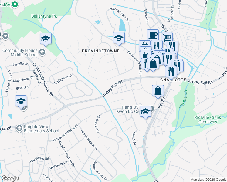 map of restaurants, bars, coffee shops, grocery stores, and more near in Charlotte