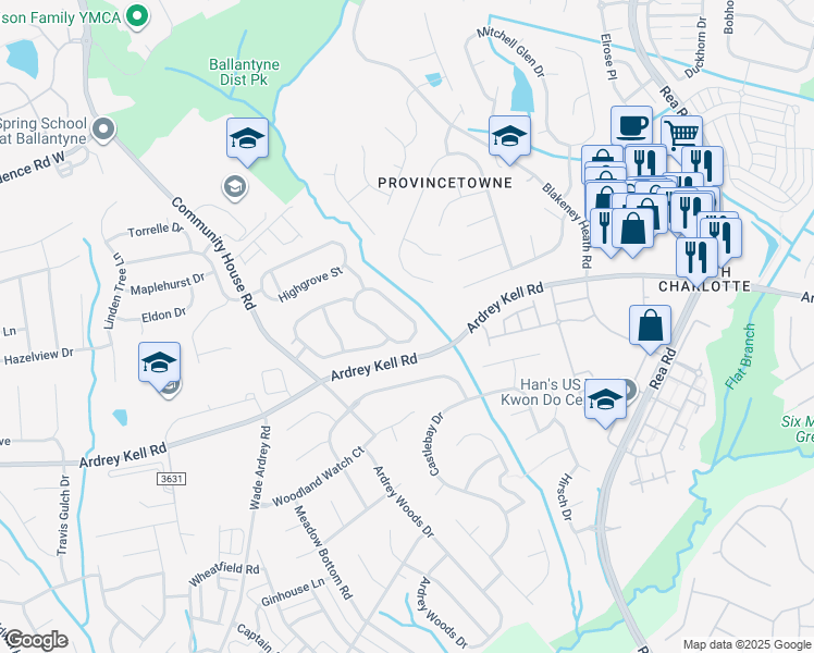 map of restaurants, bars, coffee shops, grocery stores, and more near 9042 Summer Club Road in Charlotte