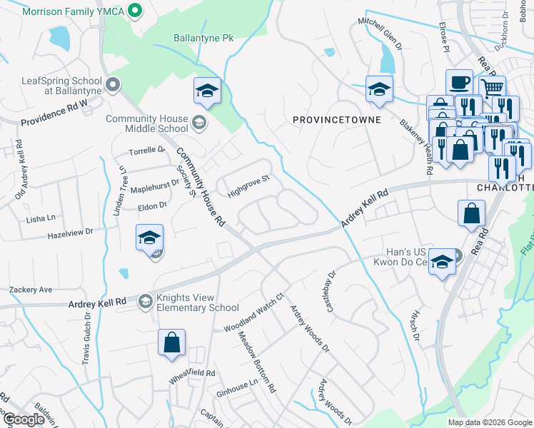 map of restaurants, bars, coffee shops, grocery stores, and more near 9136 Easton Grey Lane in Charlotte