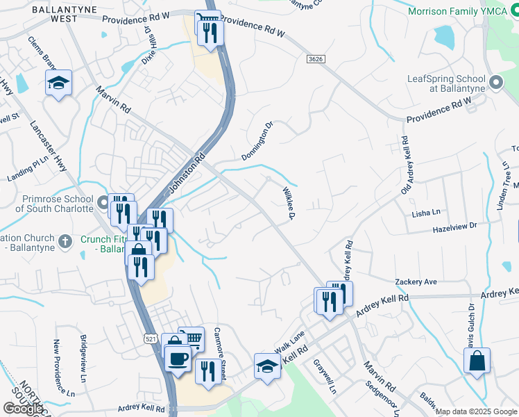 map of restaurants, bars, coffee shops, grocery stores, and more near 16213 Marvin Road in Charlotte