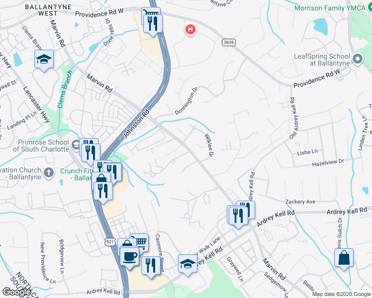 map of restaurants, bars, coffee shops, grocery stores, and more near 16213 Marvin Road in Charlotte