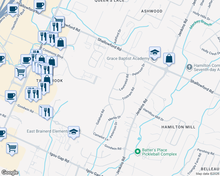 map of restaurants, bars, coffee shops, grocery stores, and more near 2225 Peterson Drive in Chattanooga