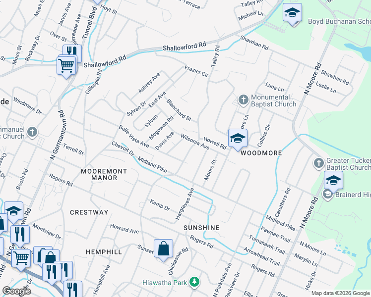 map of restaurants, bars, coffee shops, grocery stores, and more near 721 Larkin Avenue in Chattanooga