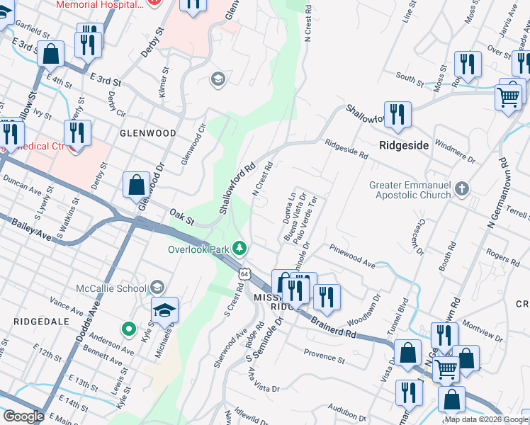 map of restaurants, bars, coffee shops, grocery stores, and more near 3111 Colyar Drive in Chattanooga