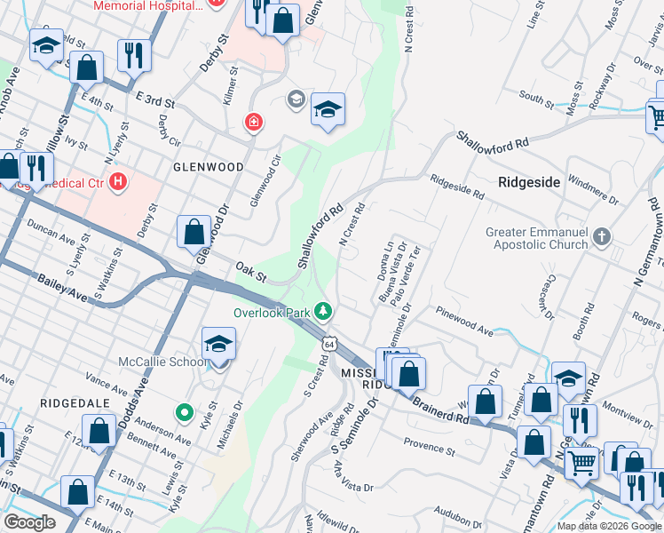 map of restaurants, bars, coffee shops, grocery stores, and more near 25 North Crest Road in Chattanooga