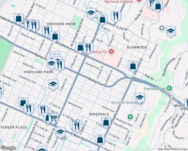 map of restaurants, bars, coffee shops, grocery stores, and more near 2209 Chamberlain Avenue in Chattanooga
