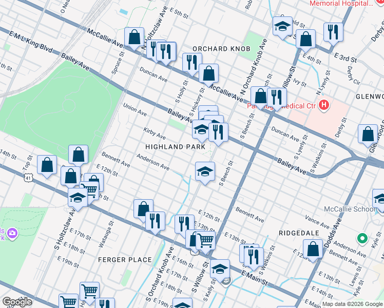 map of restaurants, bars, coffee shops, grocery stores, and more near 700 South Hawthorne Street in Chattanooga