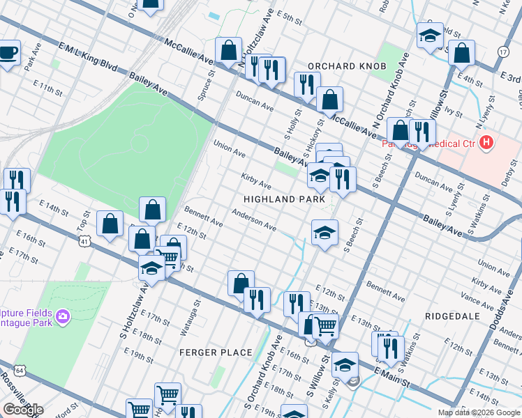 map of restaurants, bars, coffee shops, grocery stores, and more near 1605 Vance Avenue in Chattanooga
