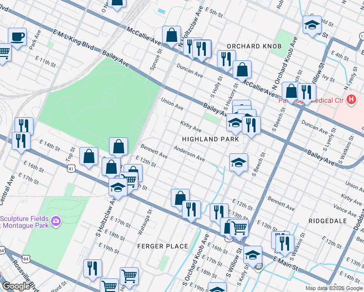 map of restaurants, bars, coffee shops, grocery stores, and more near 1506 Vance Avenue in Chattanooga