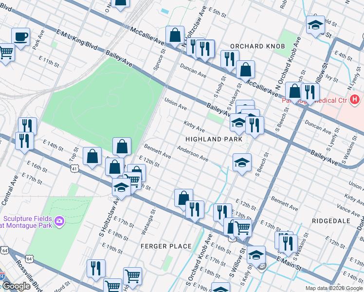 map of restaurants, bars, coffee shops, grocery stores, and more near 1506 Vance Avenue in Chattanooga
