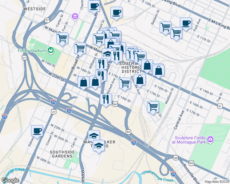 map of restaurants, bars, coffee shops, grocery stores, and more near 1721 Read Avenue in Chattanooga