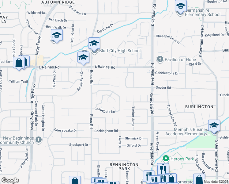 map of restaurants, bars, coffee shops, grocery stores, and more near 6799 Ross Ridge Drive in Memphis