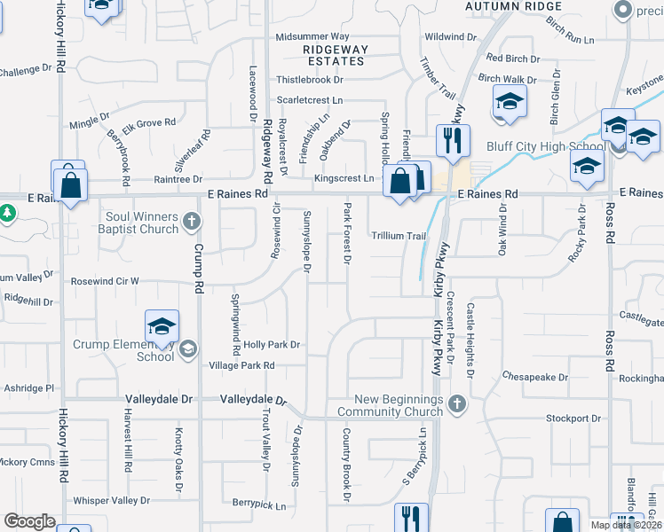 map of restaurants, bars, coffee shops, grocery stores, and more near 4247 Park Forest Drive in Memphis