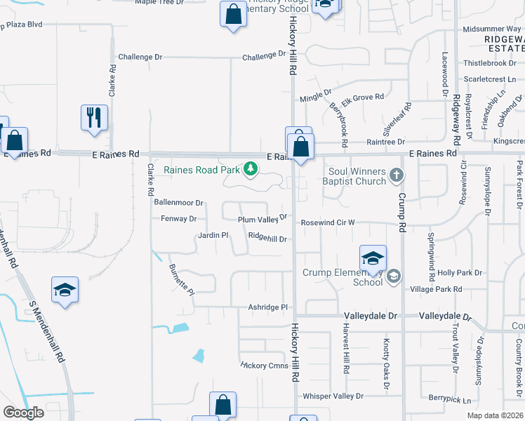 map of restaurants, bars, coffee shops, grocery stores, and more near 5862 Grassy Valley Drive in Memphis