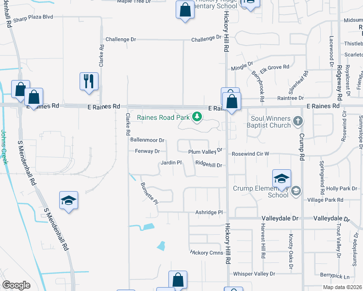 map of restaurants, bars, coffee shops, grocery stores, and more near 4257 Peach Valley Drive in Memphis