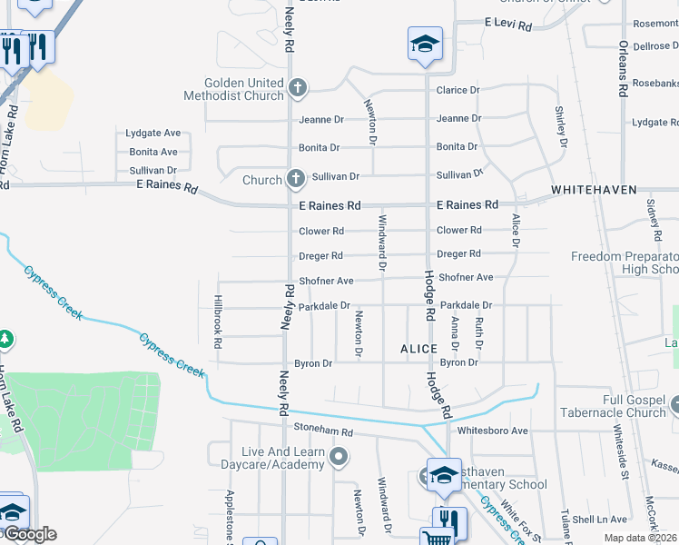 map of restaurants, bars, coffee shops, grocery stores, and more near 303 Dreger Road in Memphis