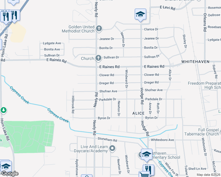 map of restaurants, bars, coffee shops, grocery stores, and more near 303 Dreger Road in Memphis