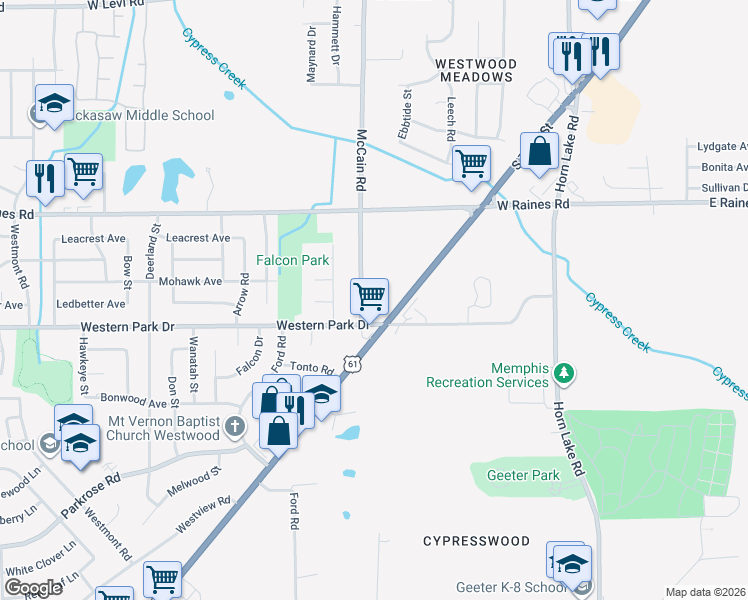 map of restaurants, bars, coffee shops, grocery stores, and more near 4260 McCain Road in Memphis