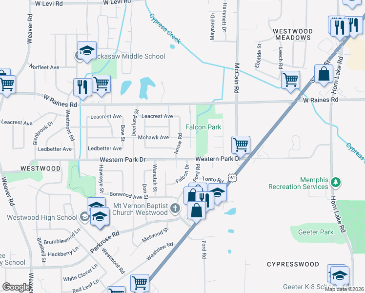 map of restaurants, bars, coffee shops, grocery stores, and more near 4259 Falcon Cove in Memphis