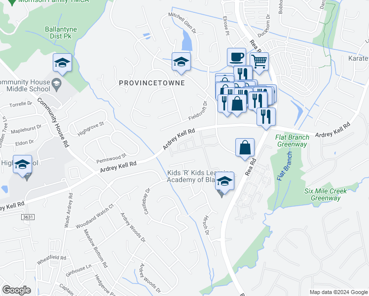 map of restaurants, bars, coffee shops, grocery stores, and more near 9920 Fallon Trace Avenue in Charlotte