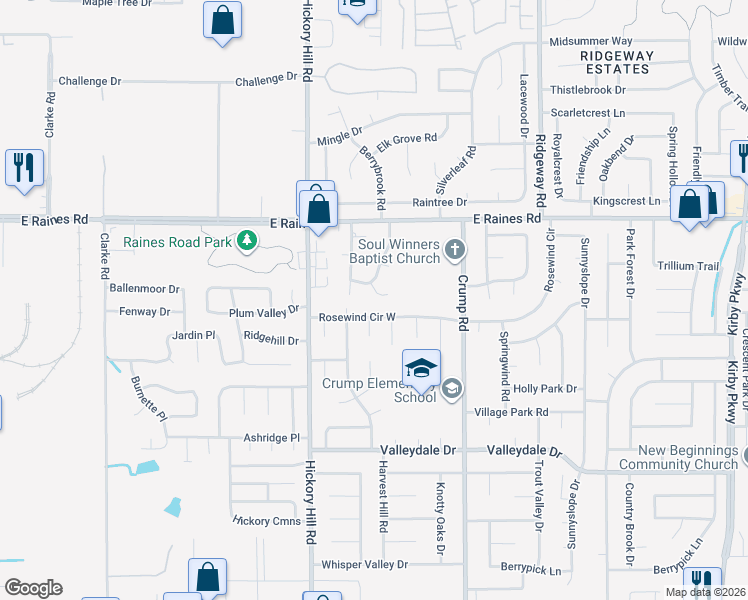 map of restaurants, bars, coffee shops, grocery stores, and more near 5997 Cedarcrest Court in Memphis