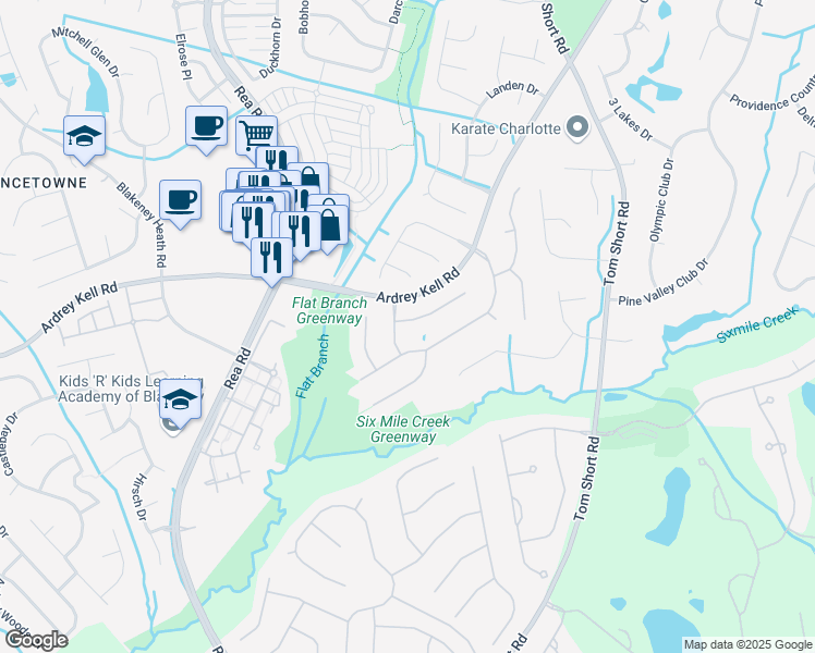 map of restaurants, bars, coffee shops, grocery stores, and more near 7021 Royce Court in Charlotte