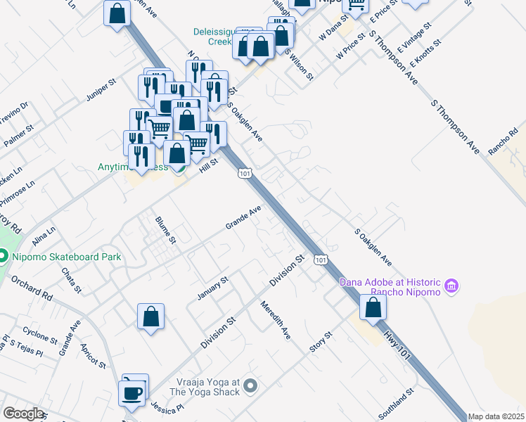 map of restaurants, bars, coffee shops, grocery stores, and more near 525 Grande Avenue in Nipomo