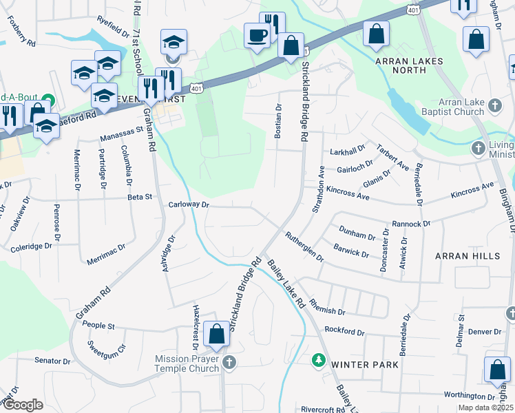 map of restaurants, bars, coffee shops, grocery stores, and more near 6604 Carloway Drive in Fayetteville