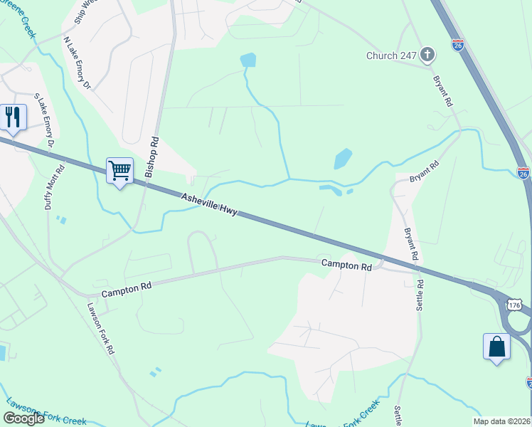 map of restaurants, bars, coffee shops, grocery stores, and more near 10178 Asheville Highway in Inman