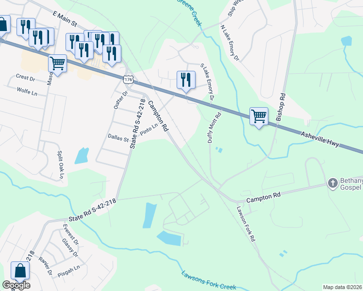 map of restaurants, bars, coffee shops, grocery stores, and more near 1281 Campton Road in Inman