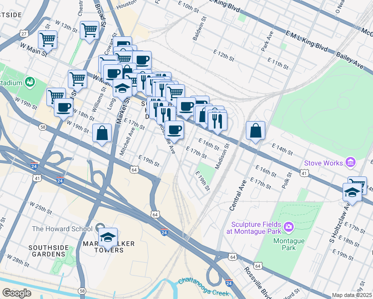 map of restaurants, bars, coffee shops, grocery stores, and more near 501 East 17th Street in Chattanooga