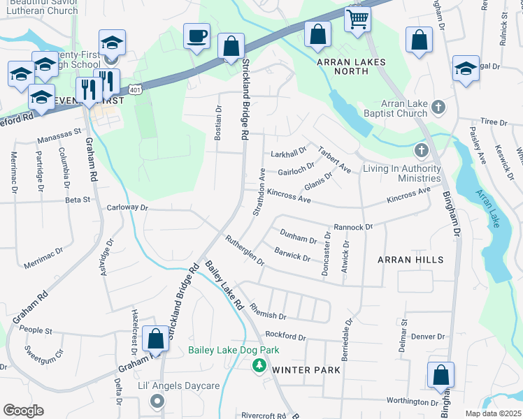 map of restaurants, bars, coffee shops, grocery stores, and more near 1111 Strathdon Avenue in Fayetteville