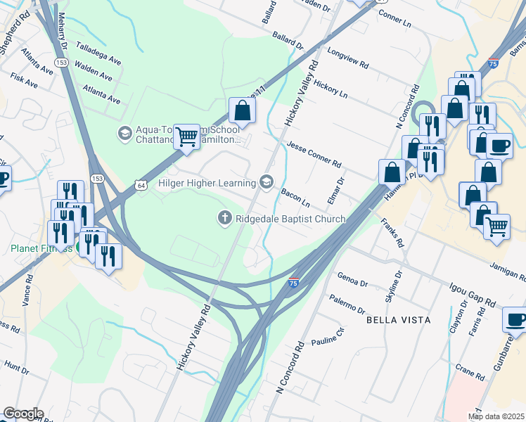 map of restaurants, bars, coffee shops, grocery stores, and more near 6805 Chiswick Drive in Chattanooga