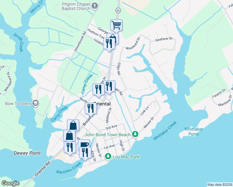 map of restaurants, bars, coffee shops, grocery stores, and more near 115 Ragan Road in Oriental