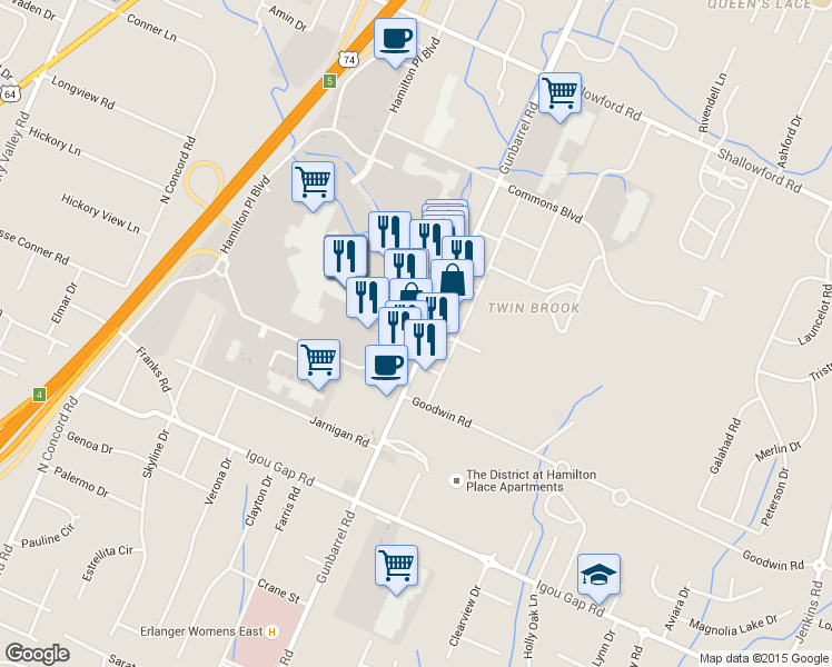 map of restaurants, bars, coffee shops, grocery stores, and more near 2021 Gunbarrel Road in Chattanooga