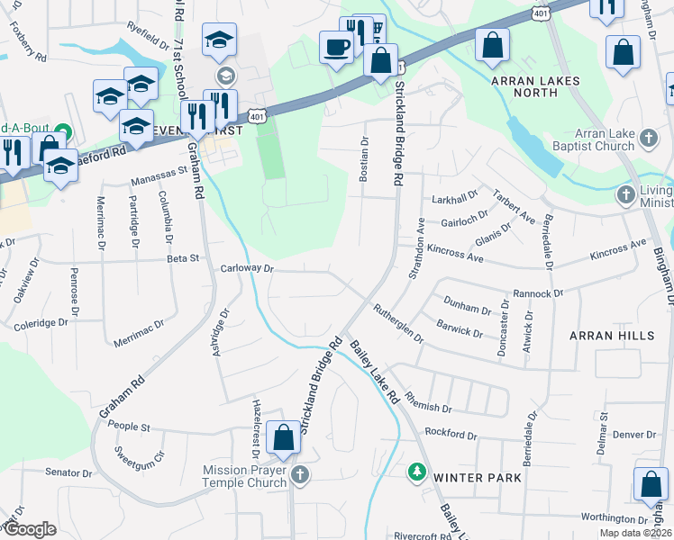 map of restaurants, bars, coffee shops, grocery stores, and more near 1103 Ayton Place in Fayetteville