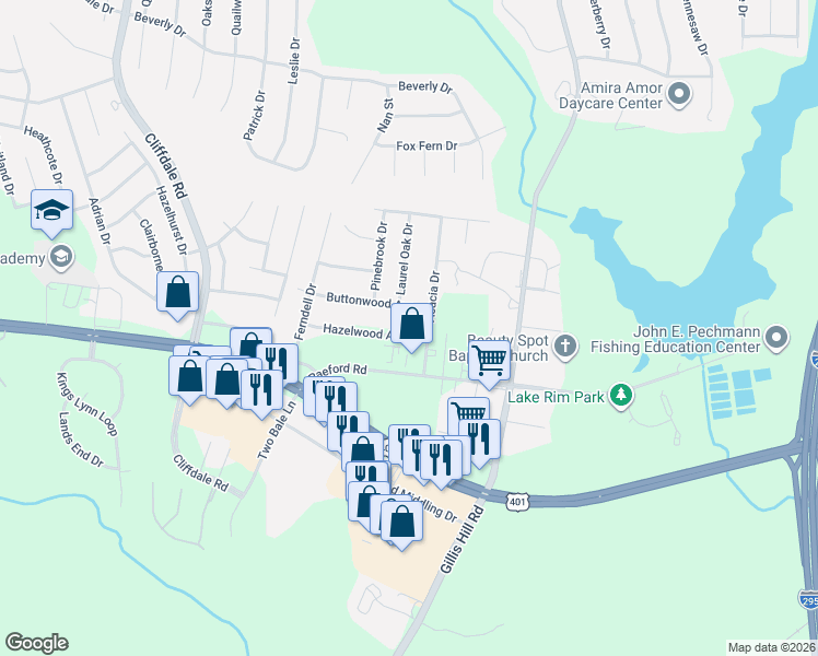 map of restaurants, bars, coffee shops, grocery stores, and more near 7710 Hazelwood Avenue in Fayetteville