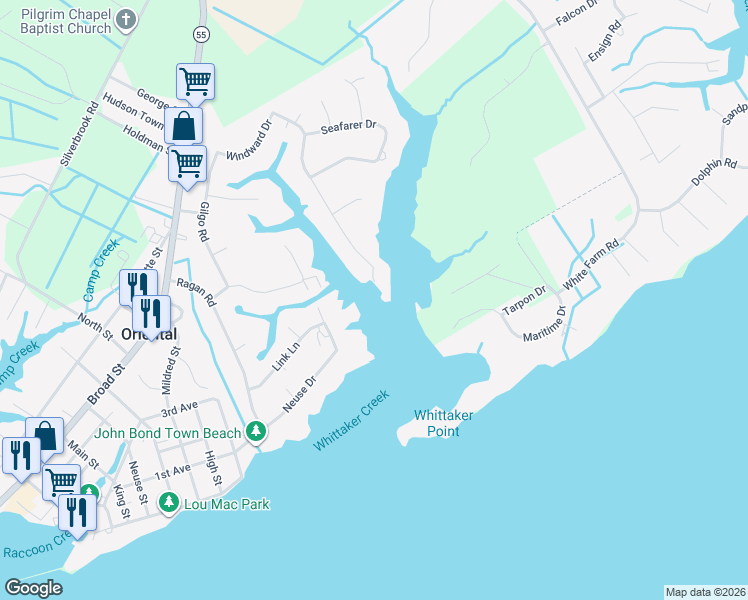map of restaurants, bars, coffee shops, grocery stores, and more near 301 Whittaker Point Road in Oriental