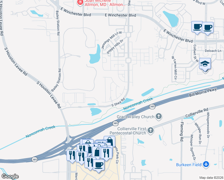 map of restaurants, bars, coffee shops, grocery stores, and more near 525 Shea Road in Collierville