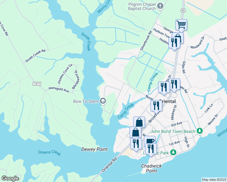 map of restaurants, bars, coffee shops, grocery stores, and more near 93 Blackwell Point Loop Road in Oriental