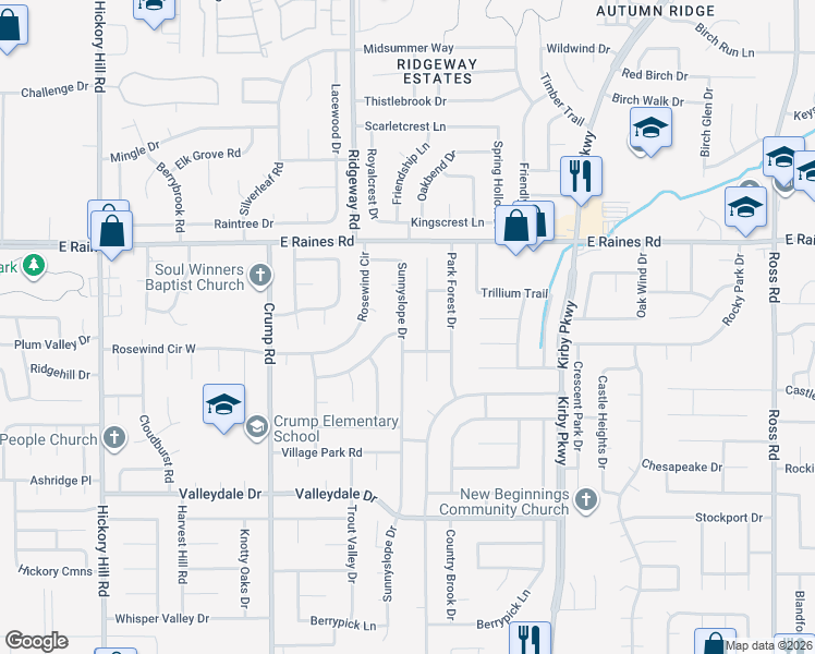 map of restaurants, bars, coffee shops, grocery stores, and more near 4253 Sunnyslope Drive in Memphis