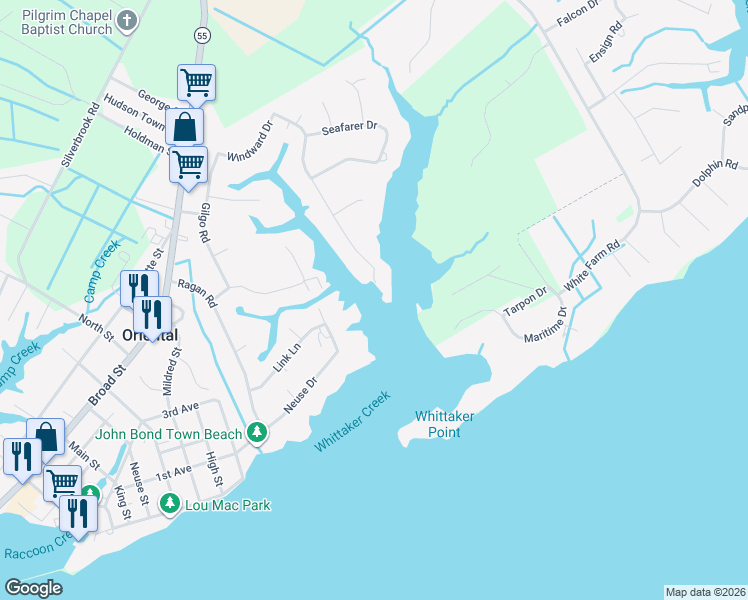 map of restaurants, bars, coffee shops, grocery stores, and more near 301 Whittaker Point Road in Oriental