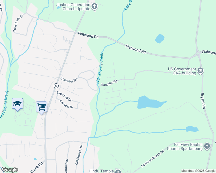 map of restaurants, bars, coffee shops, grocery stores, and more near 406 Shoally Brook Drive in Spartanburg