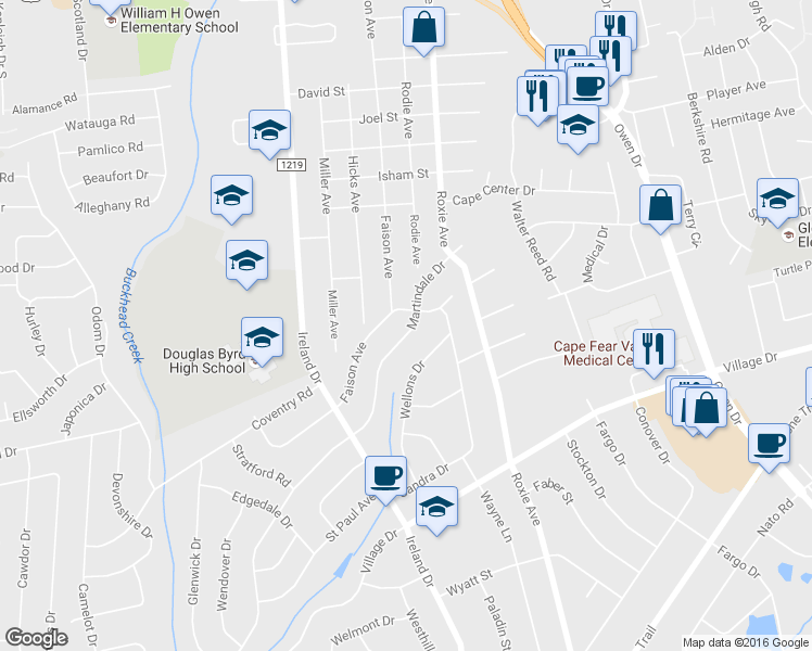 map of restaurants, bars, coffee shops, grocery stores, and more near 1106 Martindale Drive in Fayetteville