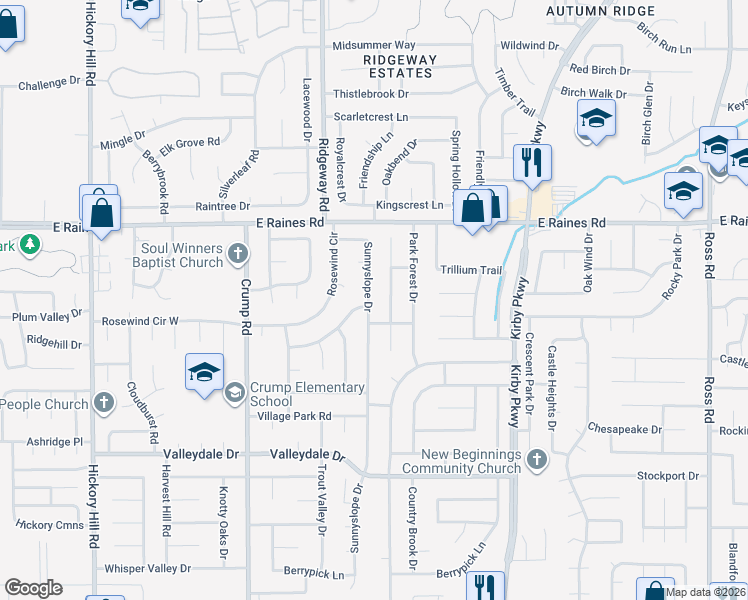 map of restaurants, bars, coffee shops, grocery stores, and more near 4253 Sunnyslope Drive in Memphis