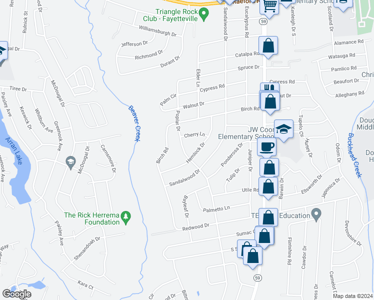 map of restaurants, bars, coffee shops, grocery stores, and more near 817 Poplar Drive in Fayetteville