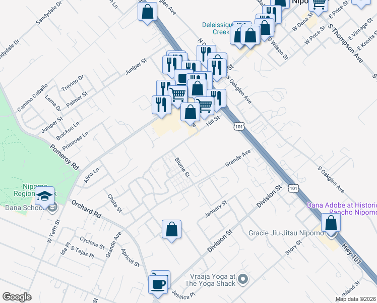 map of restaurants, bars, coffee shops, grocery stores, and more near 675 Hill Street in Nipomo