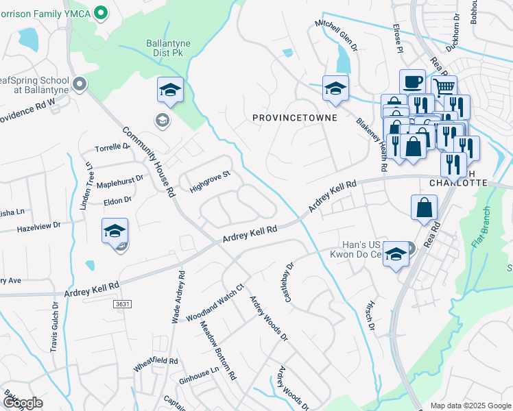 map of restaurants, bars, coffee shops, grocery stores, and more near 8935 Summer Club Road in Charlotte